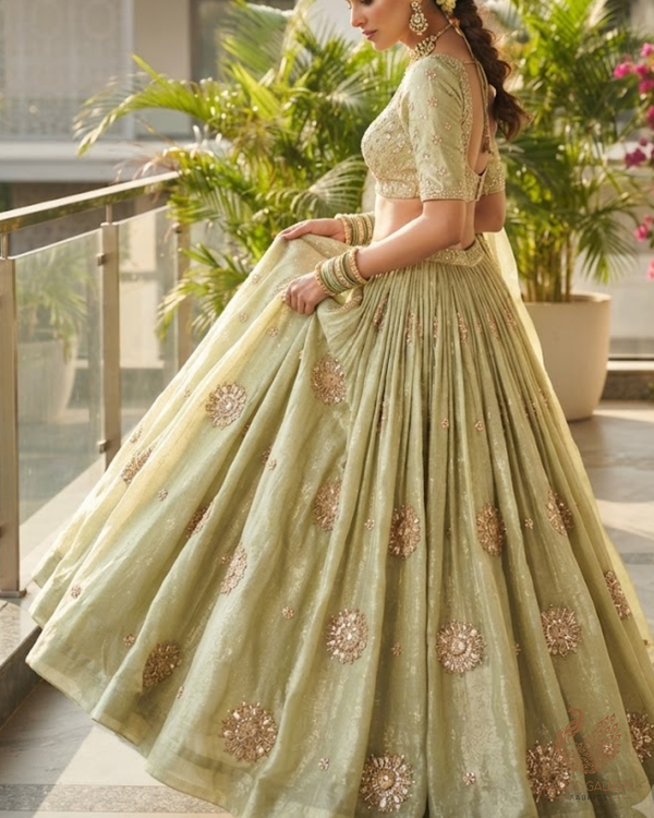 Pista Green Tissue Fabric With All Over Sequins, Katdana And Self Polka Dot Work 24712