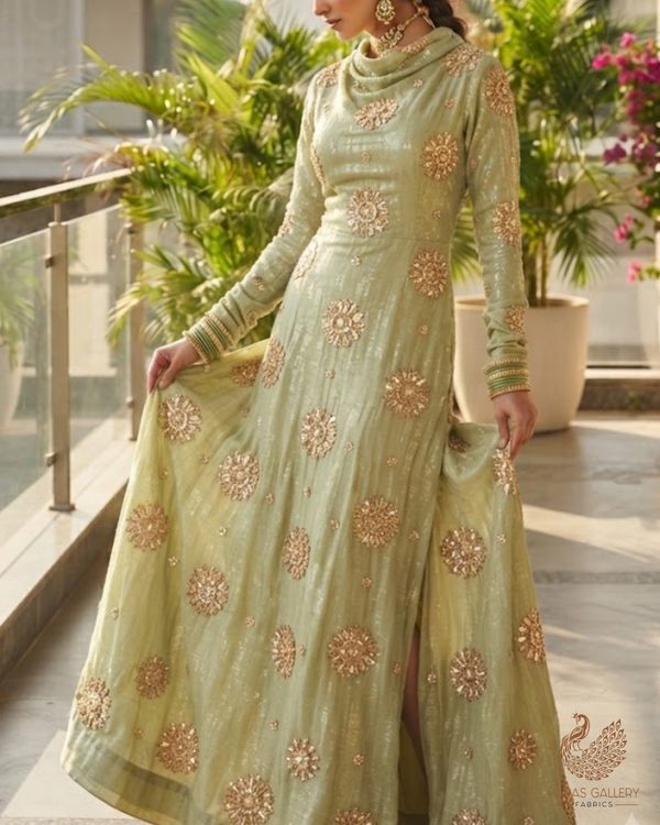Pista Green Tissue Fabric With All Over Sequins, Katdana And Self Polka Dot Work 24712