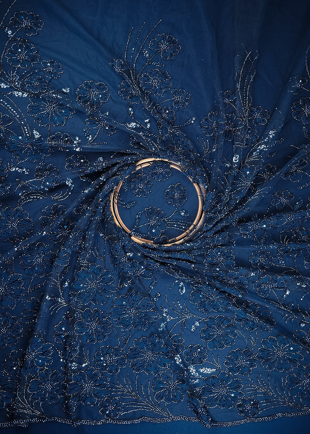 Navy Blue Imported Net Fabric With All Over Sequins, Katdana, Bead And Ribbon Work 24717