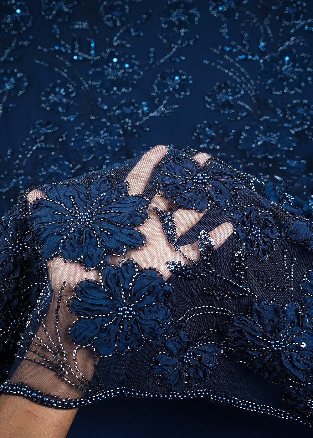 Navy Blue Imported Net Fabric With All Over Sequins, Katdana, Bead And Ribbon Work 24717