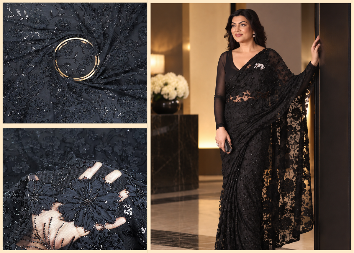 Sushmita Sen Inspired Edition | Black Embroidered Net Unstitched Fabric 24718