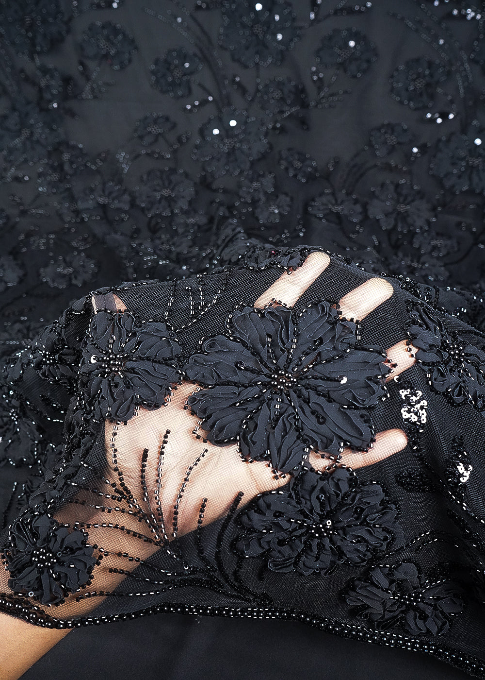 Sushmita Sen Inspired Edition | Black Embroidered Net Unstitched Fabric 24718