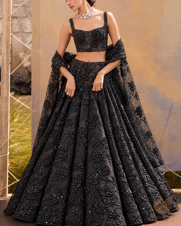 Sushmita Sen Inspired Edition | Black Embroidered Net Unstitched Fabric 24718