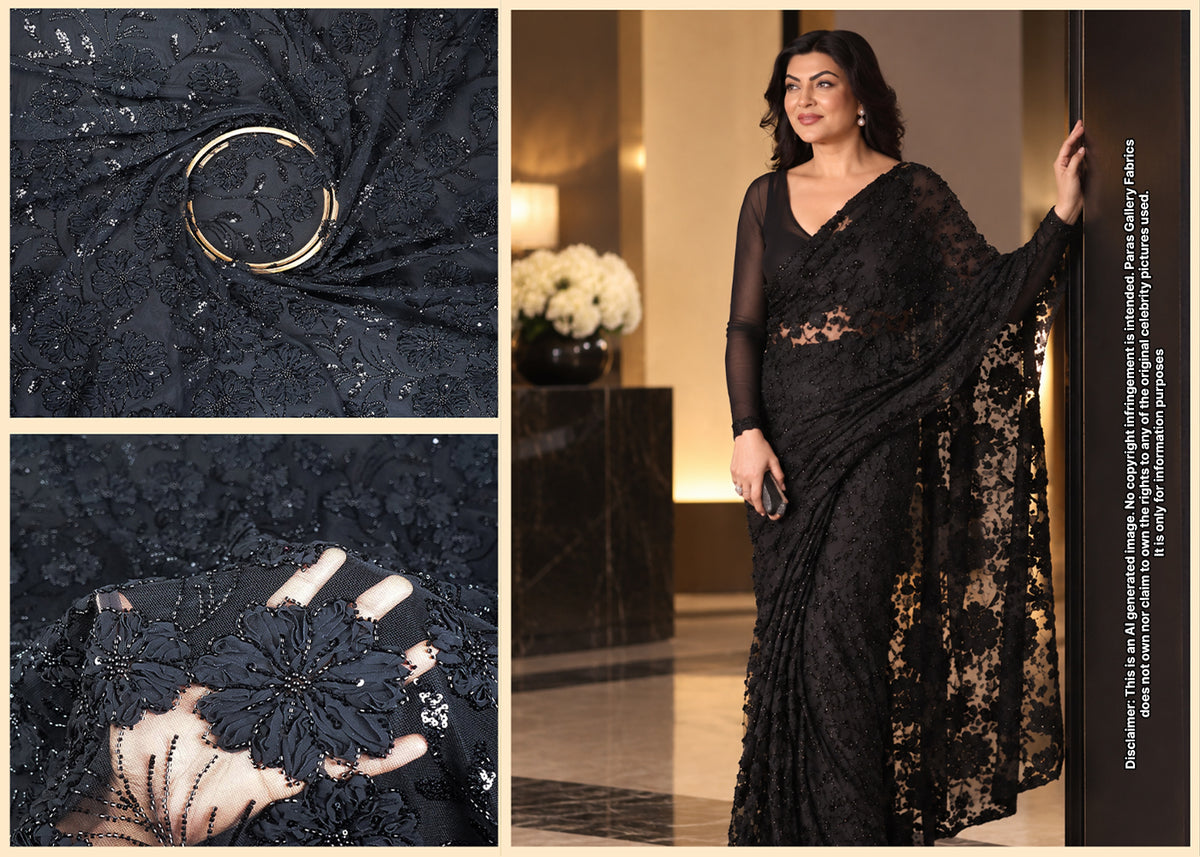 Sushmita Sen Inspired Edition | Black Embroidered Net Unstitched Fabric 24718