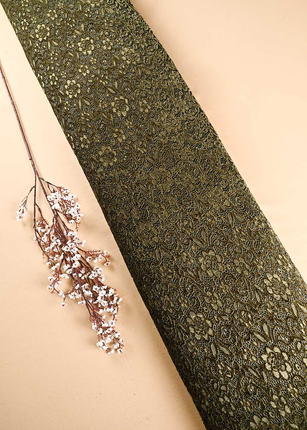 Mehendi Green Mesh Velvet Fabric With All Over Cut Work 24720