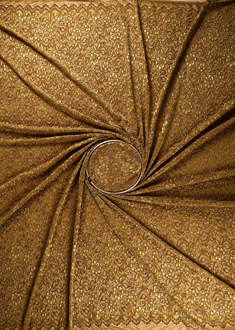 Mustard Mesh Velvet Fabric With All Over Cut Work 24721