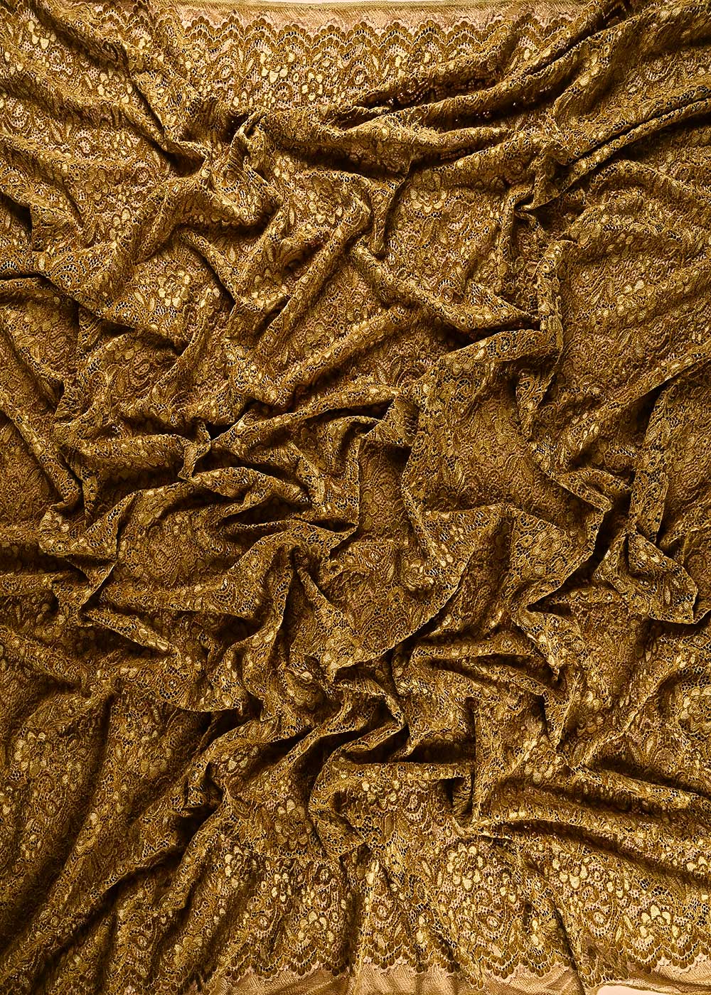 Mustard Mesh Velvet Fabric With All Over Cut Work 24721