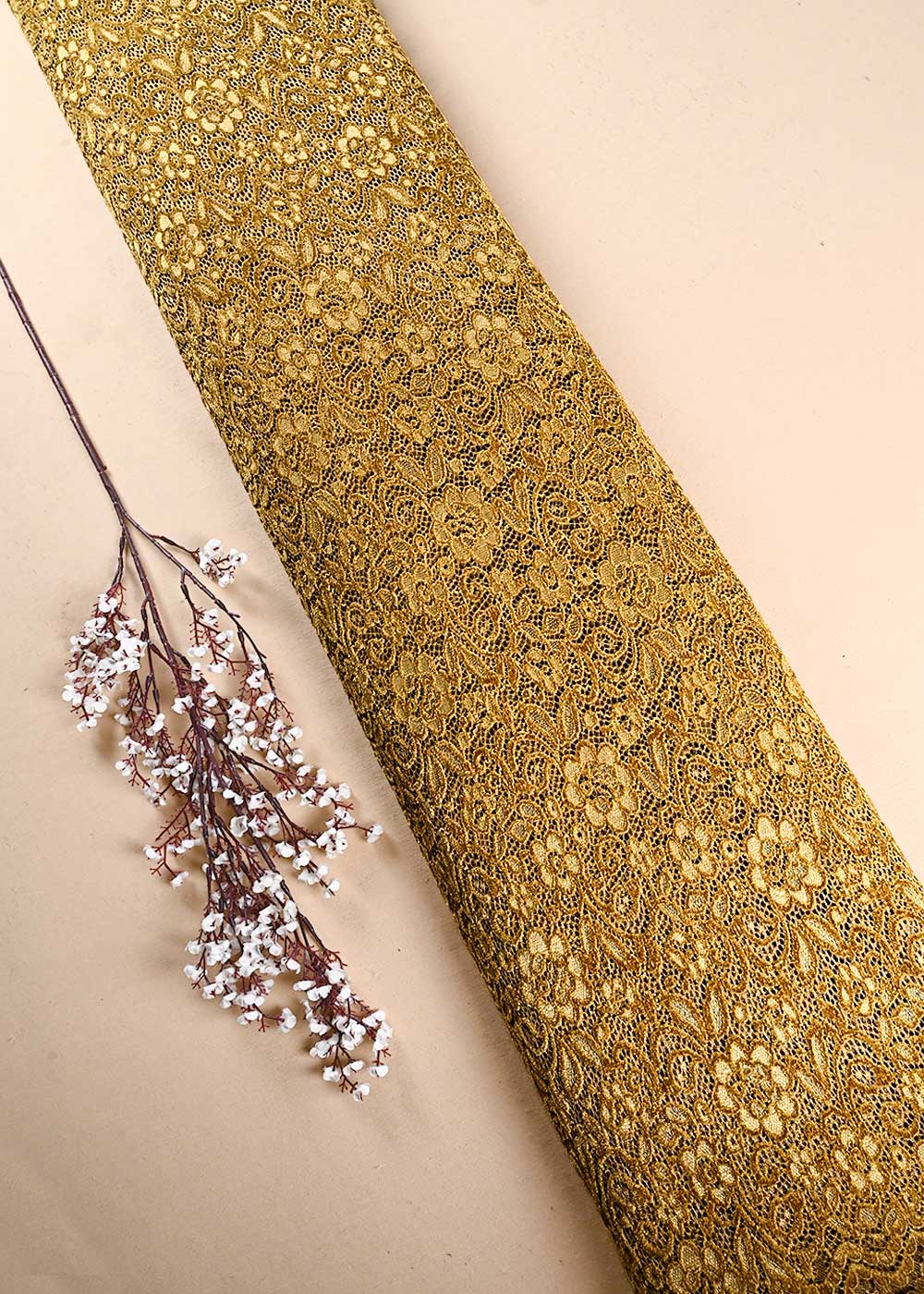 Mustard Mesh Velvet Fabric With All Over Cut Work 24721