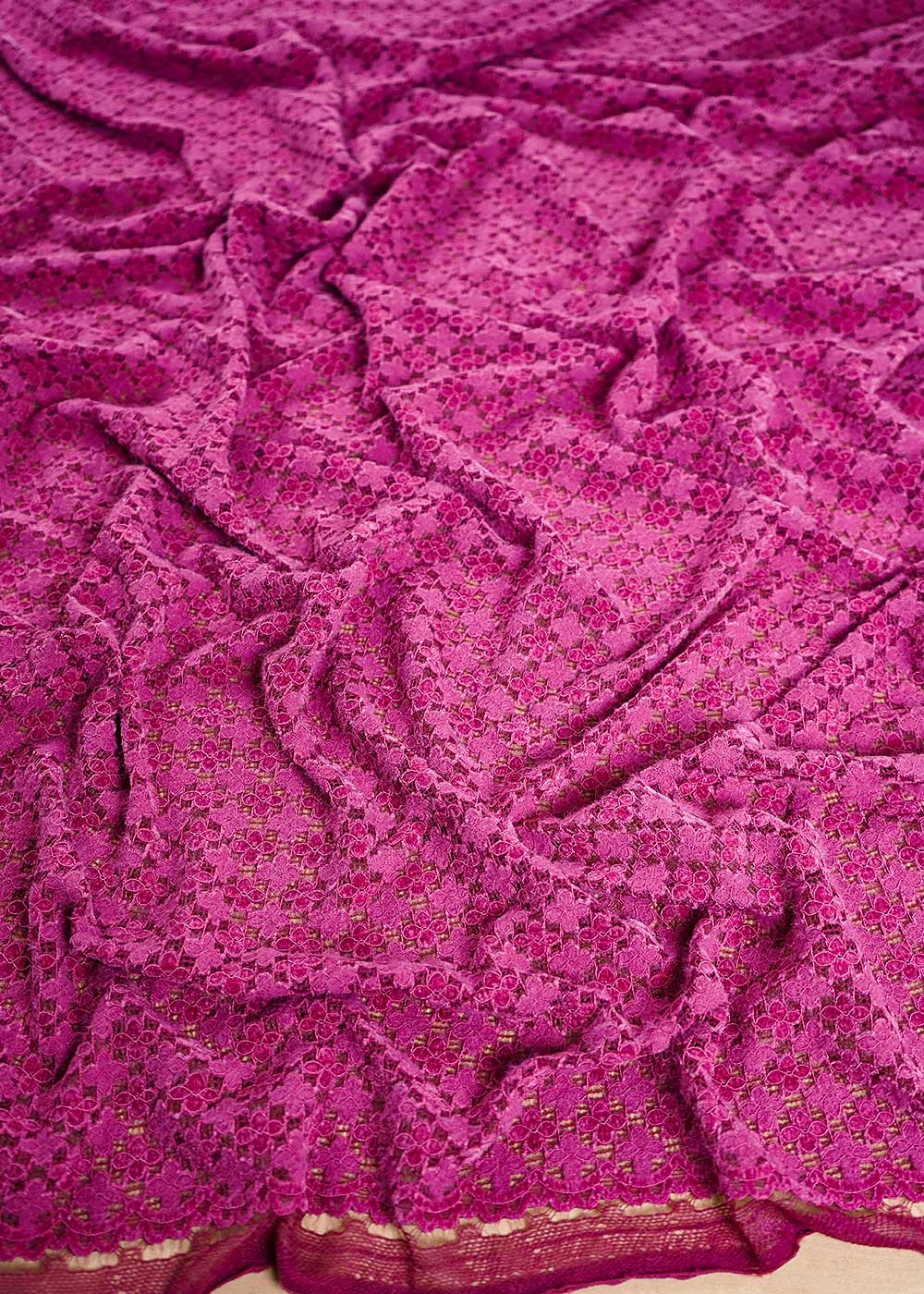 Rani Pink Mesh Velvet Fabric With All Over Cut Work 24724