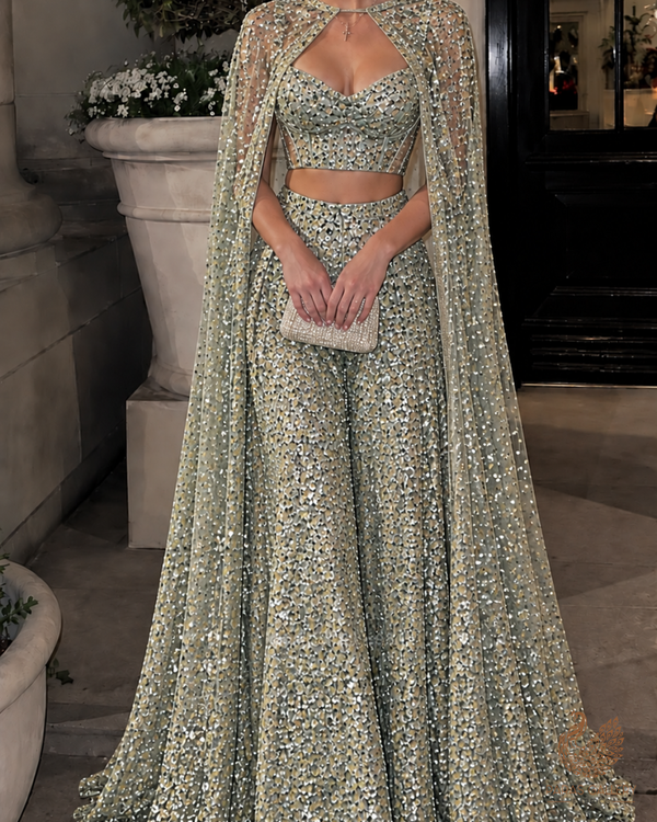 Mint Green Imported Exclusive Fabric With All Over Sequins And Katdana Work 24727