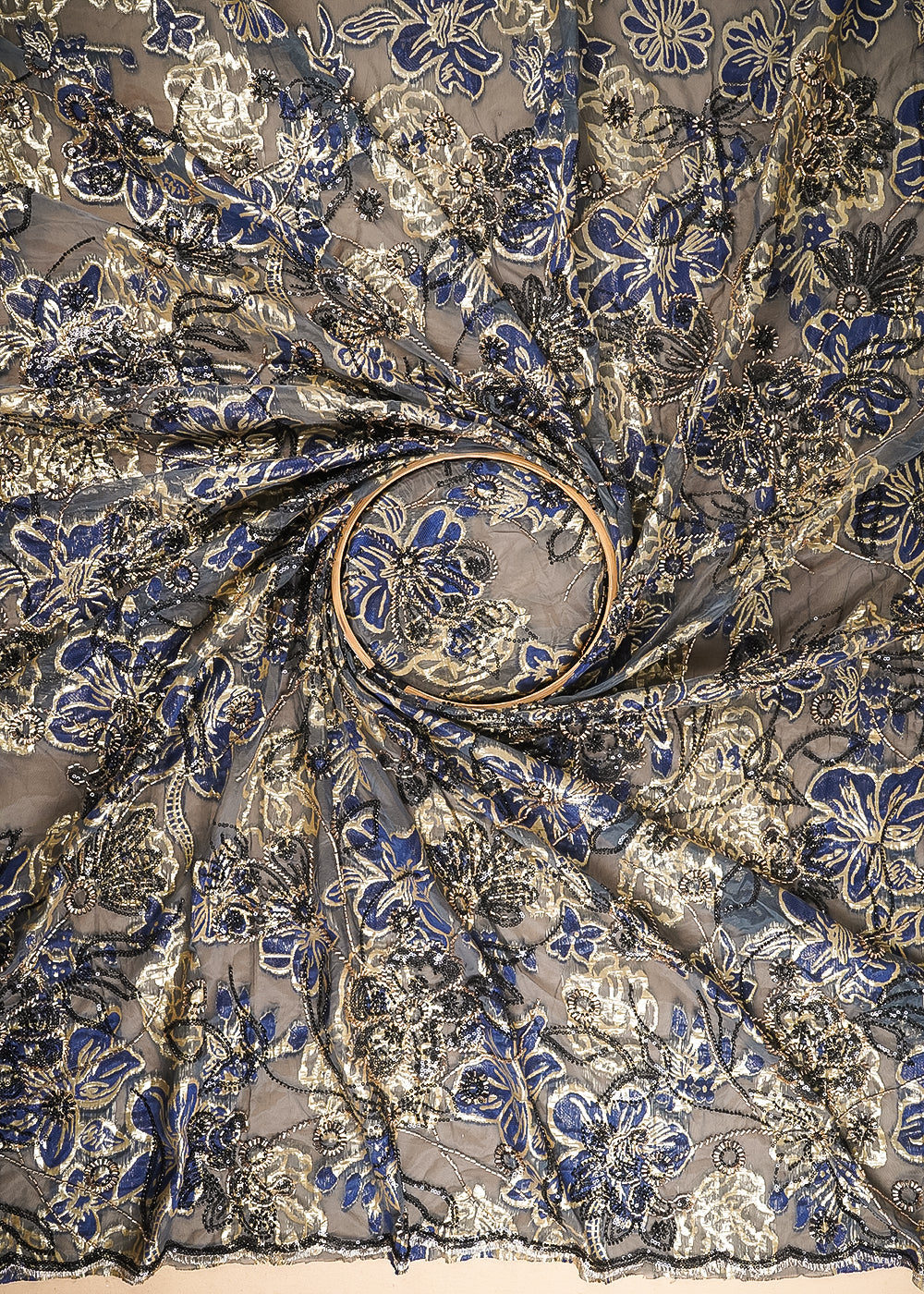 Grey Organza Fabric With All Over Sequins, Katdana And Bead Work & Navy Blue Foil Work Flowers 24731