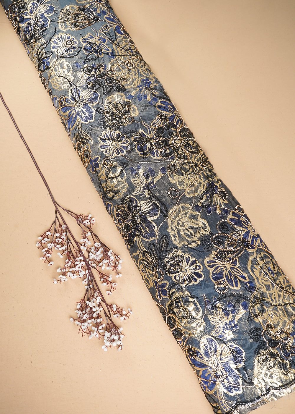 Grey Organza Fabric With All Over Sequins, Katdana And Bead Work & Navy Blue Foil Work Flowers 24731