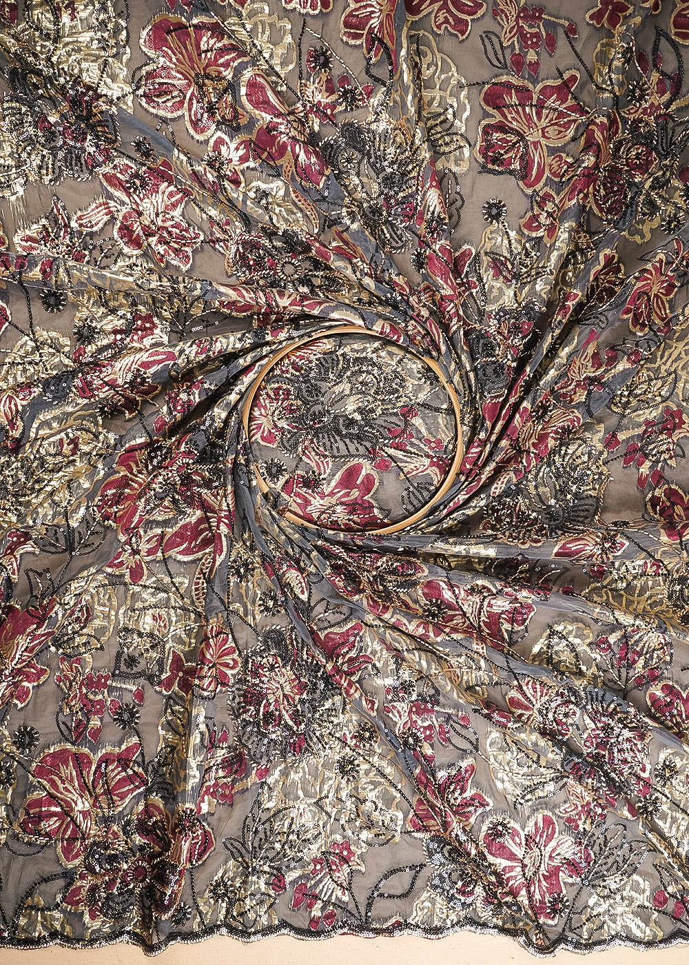 Grey Imported Organza Fabric With All Over Sequins, Katdana, Bead Work & Maroon Foil Work 24732