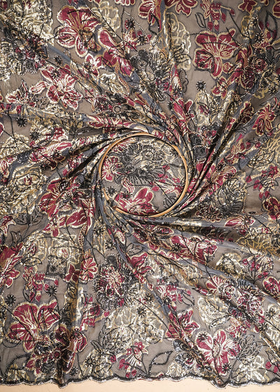 Grey Imported Organza Fabric With All Over Sequins, Katdana, Bead Work & Maroon Foil Work 24732