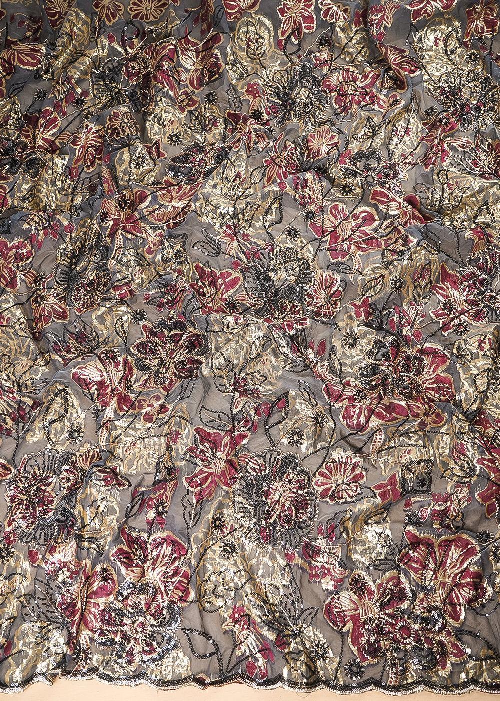Grey Imported Organza Fabric With All Over Sequins, Katdana, Bead Work & Maroon Foil Work 24732