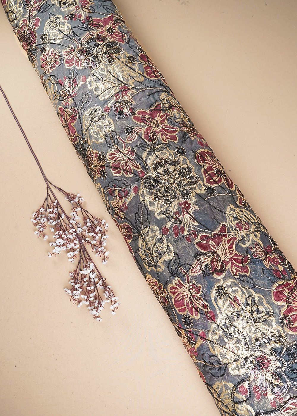 Grey Imported Organza Fabric With All Over Sequins, Katdana, Bead Work & Maroon Foil Work 24732