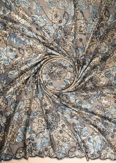 Grey Organza Fabric With All Over Sequins, Katdana And Bead Foil Work Flowers 24733
