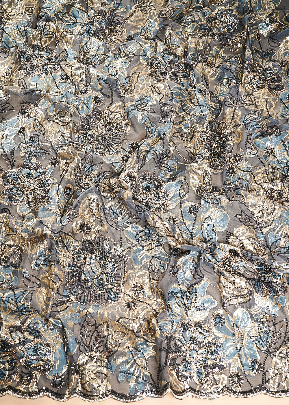 Grey Organza Fabric With All Over Sequins, Katdana And Bead Foil Work Flowers 24733