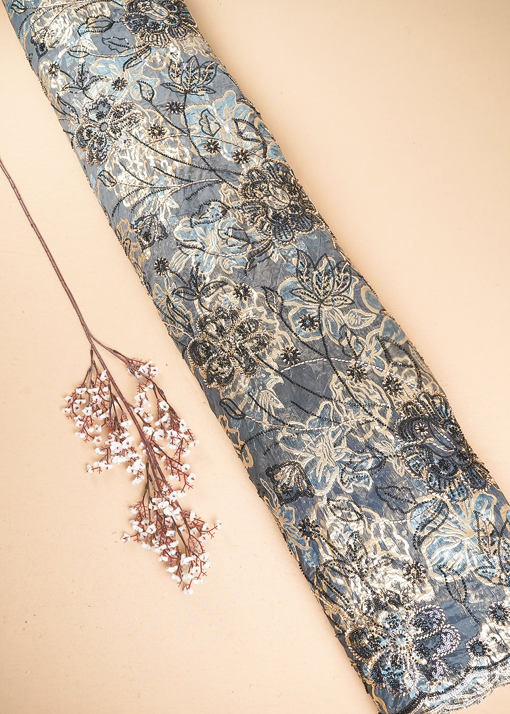 Grey Organza Fabric With All Over Sequins, Katdana And Bead Foil Work Flowers 24733