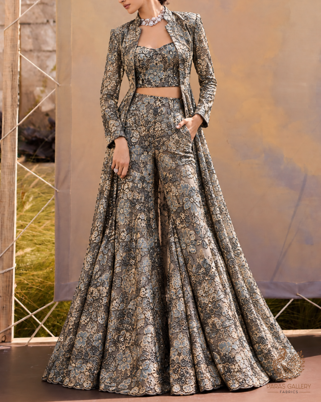 Grey Organza Fabric With All Over Sequins, Katdana And Bead Foil Work Flowers 24733