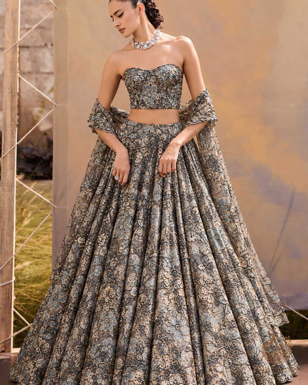Grey Organza Fabric With All Over Sequins, Katdana And Bead Foil Work Flowers 24733