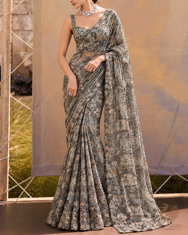 Grey Organza Fabric With All Over Sequins, Katdana And Bead Foil Work Flowers 24733