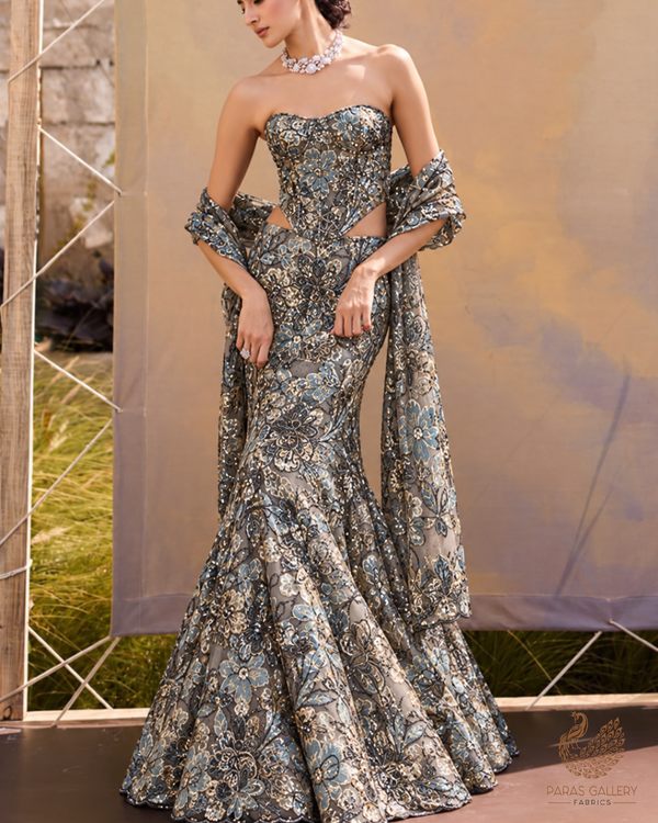 Grey Organza Fabric With All Over Sequins, Katdana And Bead Foil Work Flowers 24733