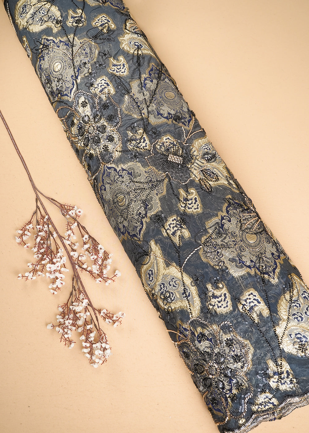 Grey Imported Organza Fabric With All Over Sequins, Katdana And Bead Work & Navy Blue Foil Work 24734