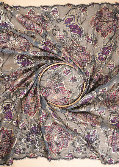 Grey Imported Organza Fabric With All Over Sequins, Katdana And Bead Work & Purple Foil Work Flowers 24735