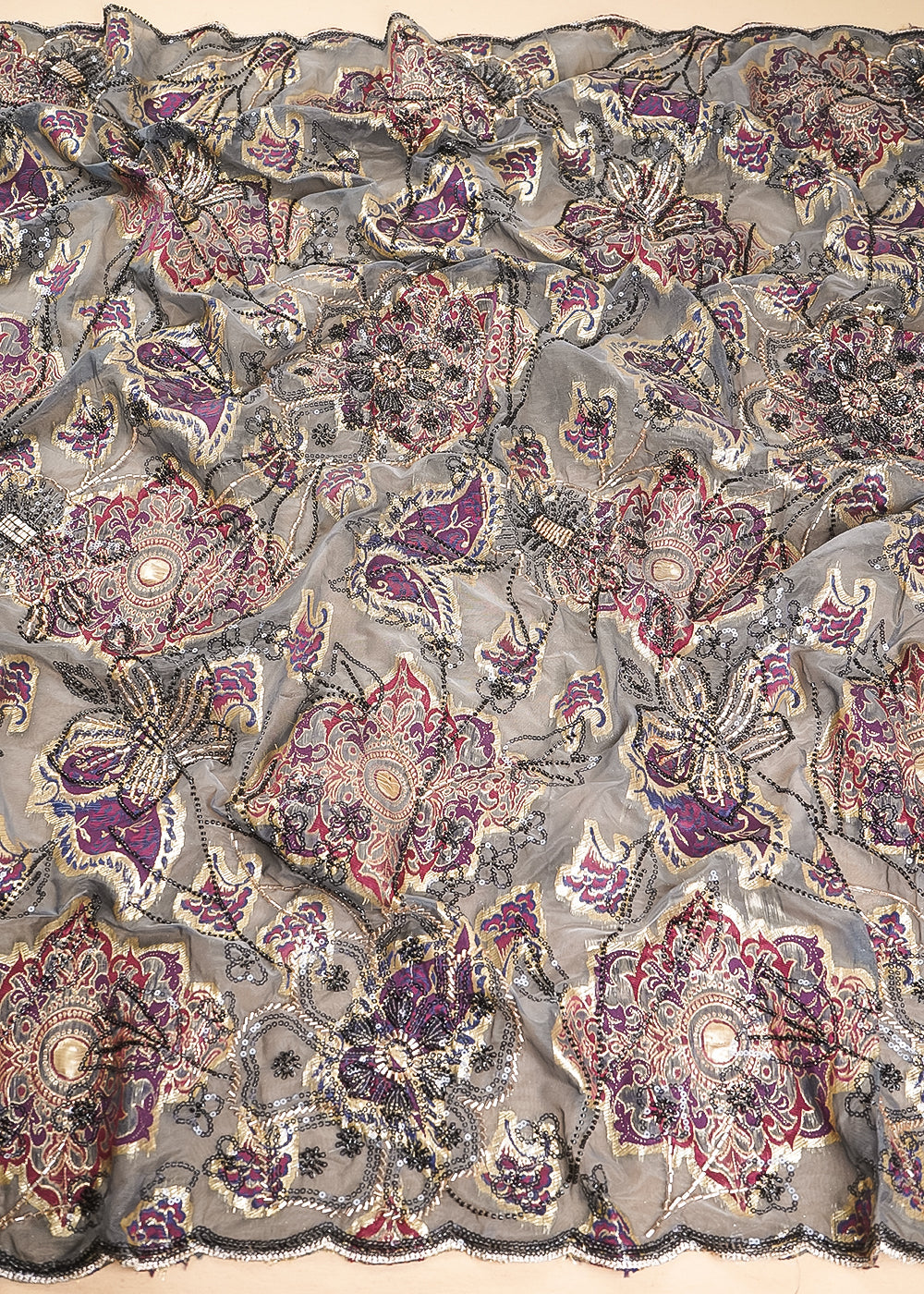 Grey Imported Organza Fabric With All Over Sequins, Katdana And Bead Work & Purple Foil Work Flowers 24735