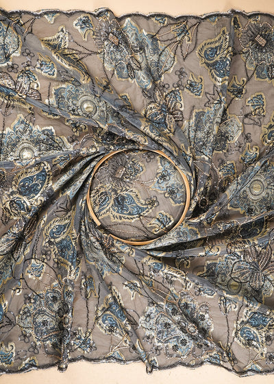 Grey Imported Organza Fabric With All Over Sequins, Katdana, Bead And Foil Work 24736