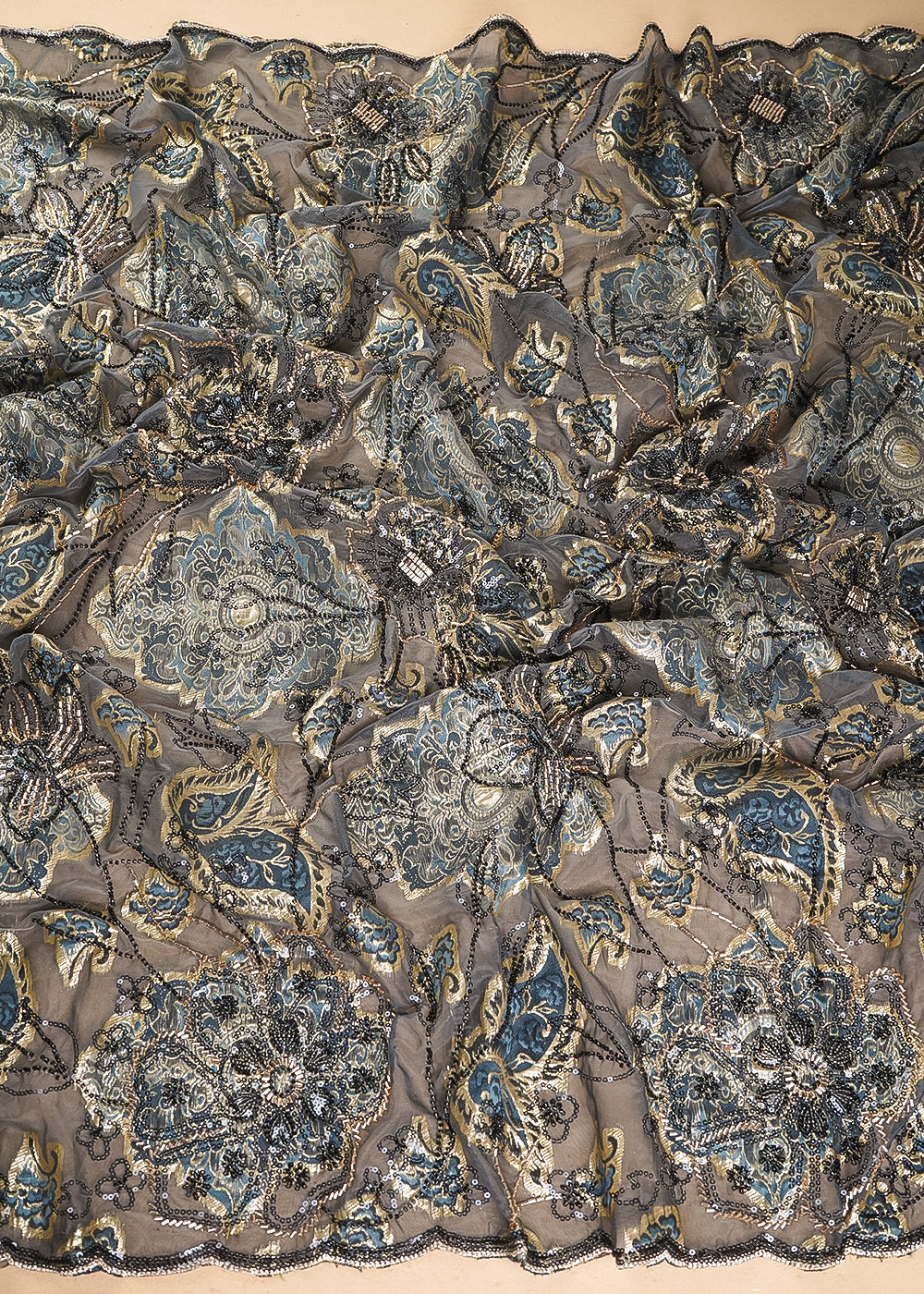 Grey Imported Organza Fabric With All Over Sequins, Katdana, Bead And Foil Work 24736