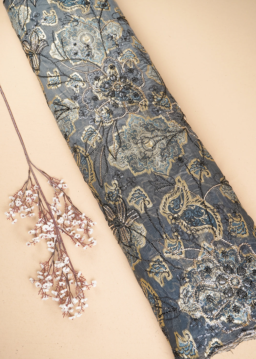 Grey Imported Organza Fabric With All Over Sequins, Katdana, Bead And Foil Work 24736