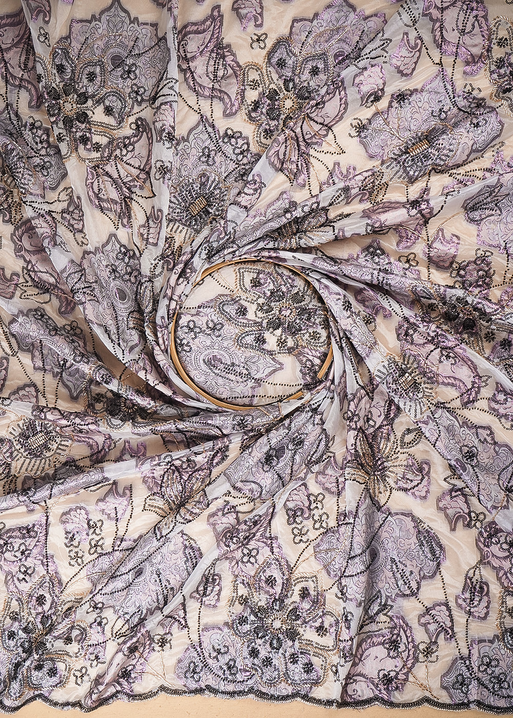 White Organza Fabric With All Over Sequins, Katdana, Bead & Wine Foil Work 24737