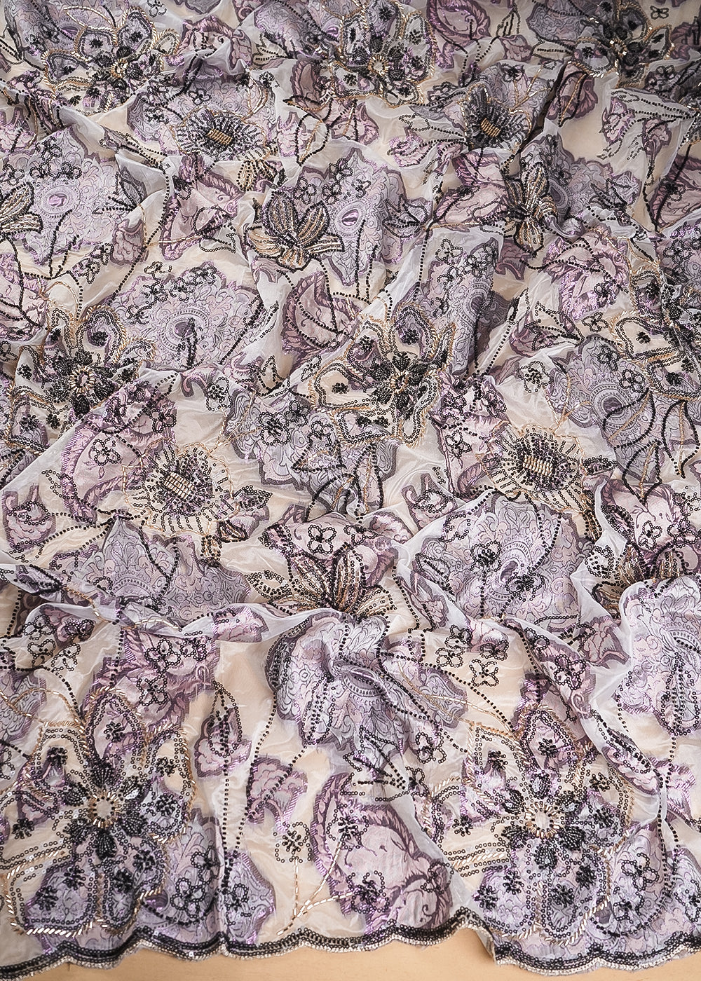 White Organza Fabric With All Over Sequins, Katdana, Bead & Wine Foil Work 24737