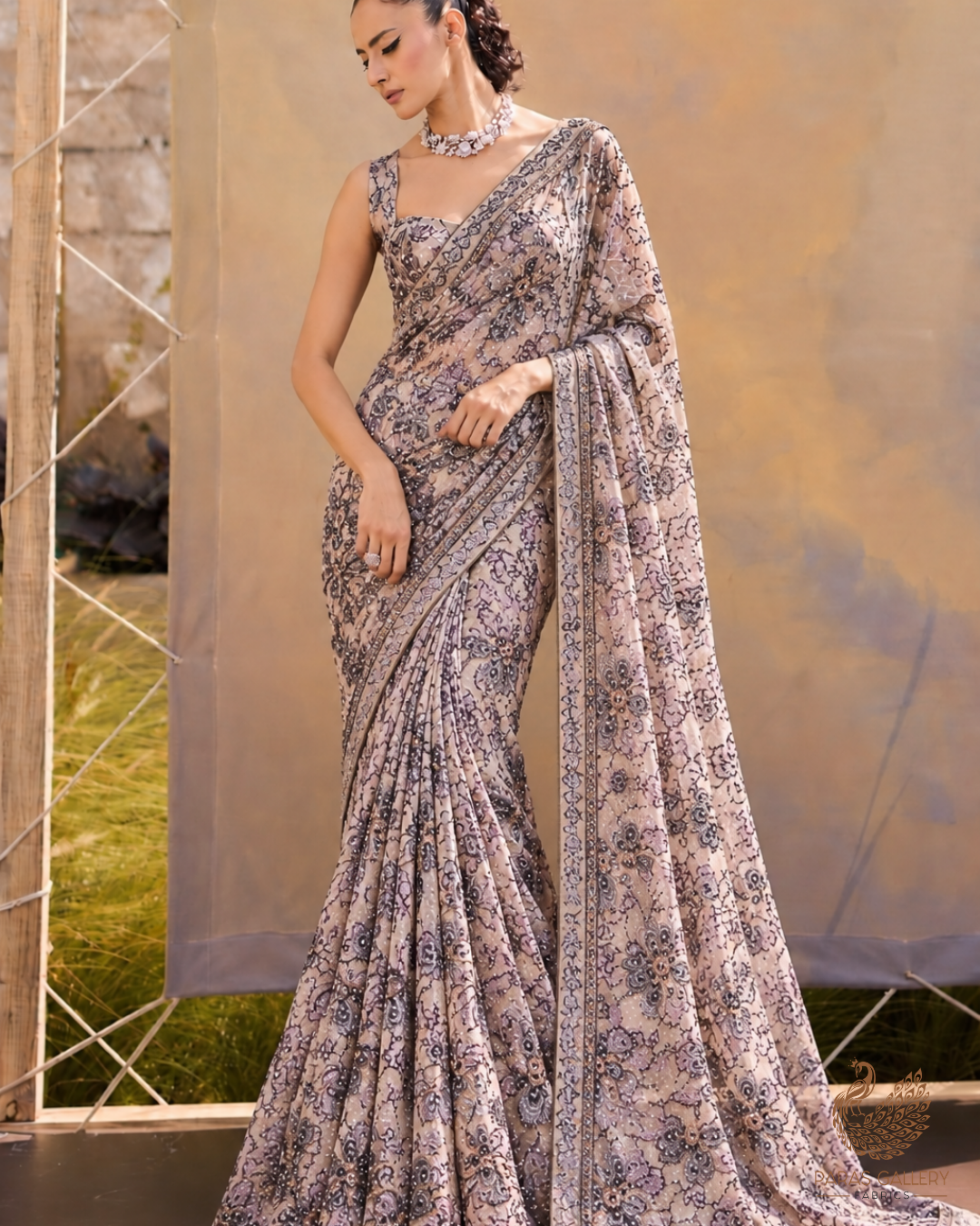 White Organza Fabric With All Over Sequins, Katdana, Bead & Wine Foil Work 24737