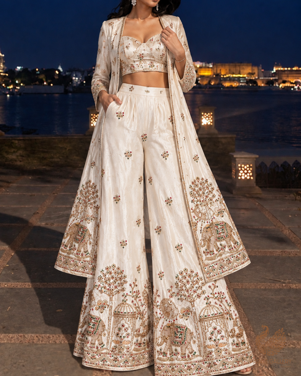 White Dyeable Crepe Fabric With All Over Zari, Sequins And Katdana Work With One Side Heavy Border 24740
