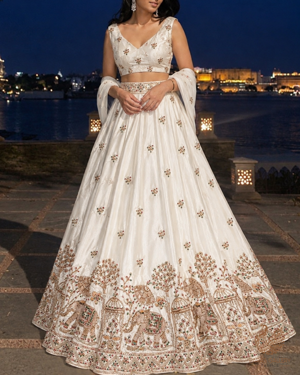 White Dyeable Crepe Fabric With All Over Zari, Sequins And Katdana Work With One Side Heavy Border 24740