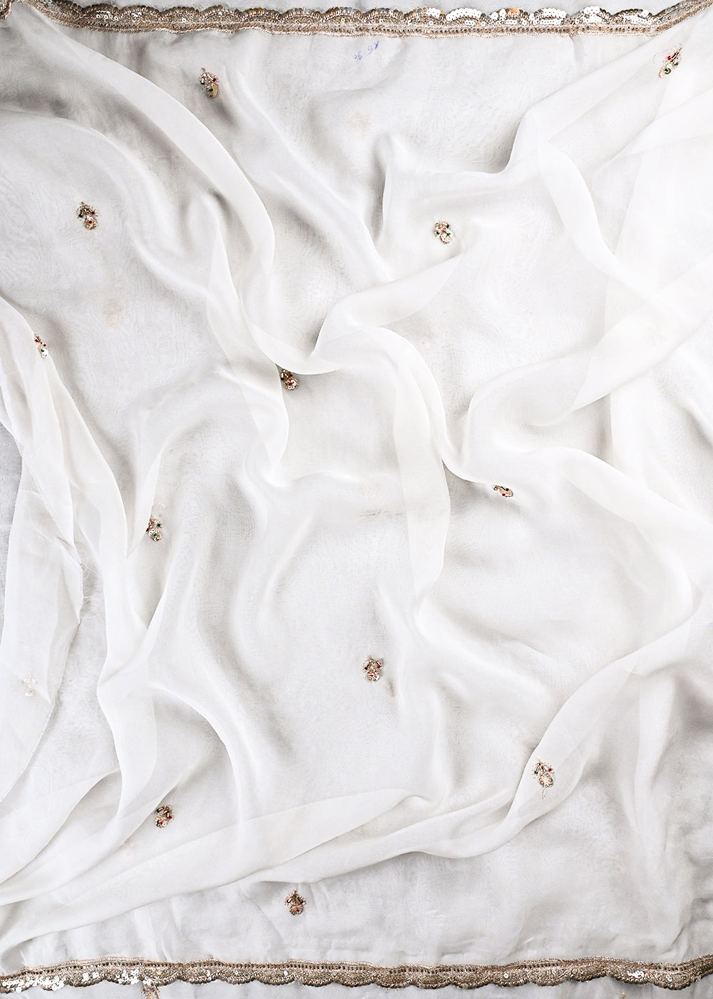 White Dyeable Organza Dupatta Fabric With All Over Zari, Sequins And Katdana Work With Both Side Scalloped Border 24741