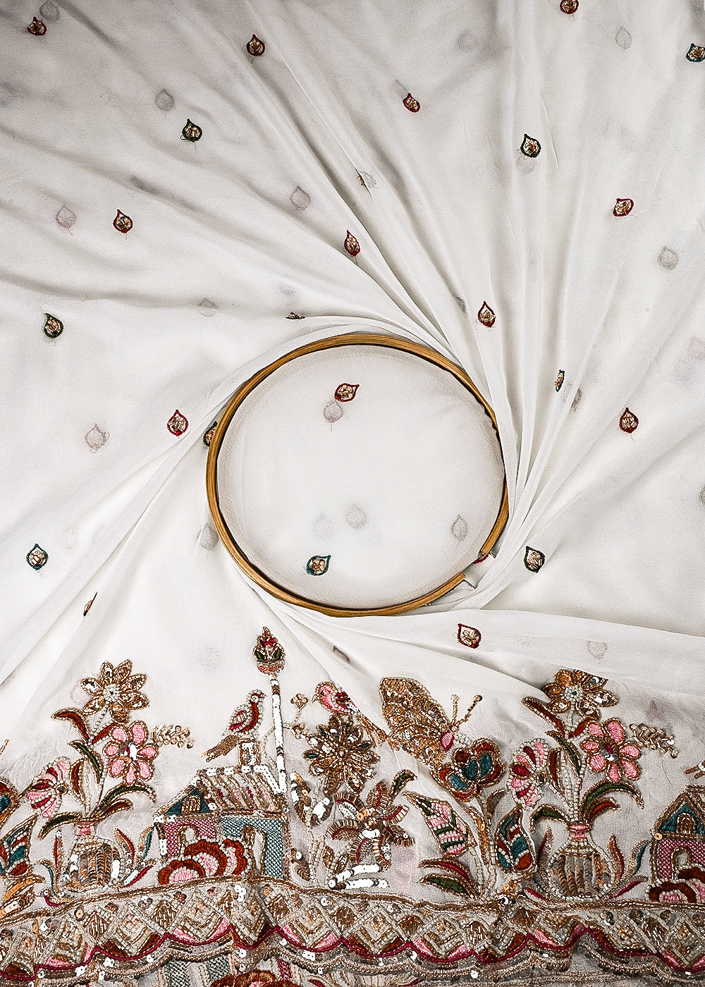 White Dyeable Georgette Fabric With All Over Zari, Sequins And Katdana Work With One Side Border 24742