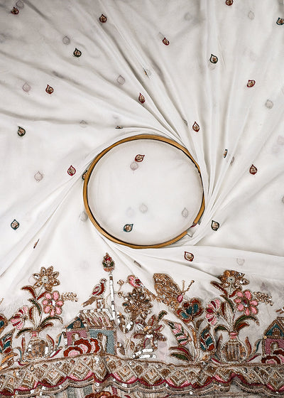 White Dyeable Georgette Fabric With All Over Zari, Sequins And Katdana Work With One Side Border 24742
