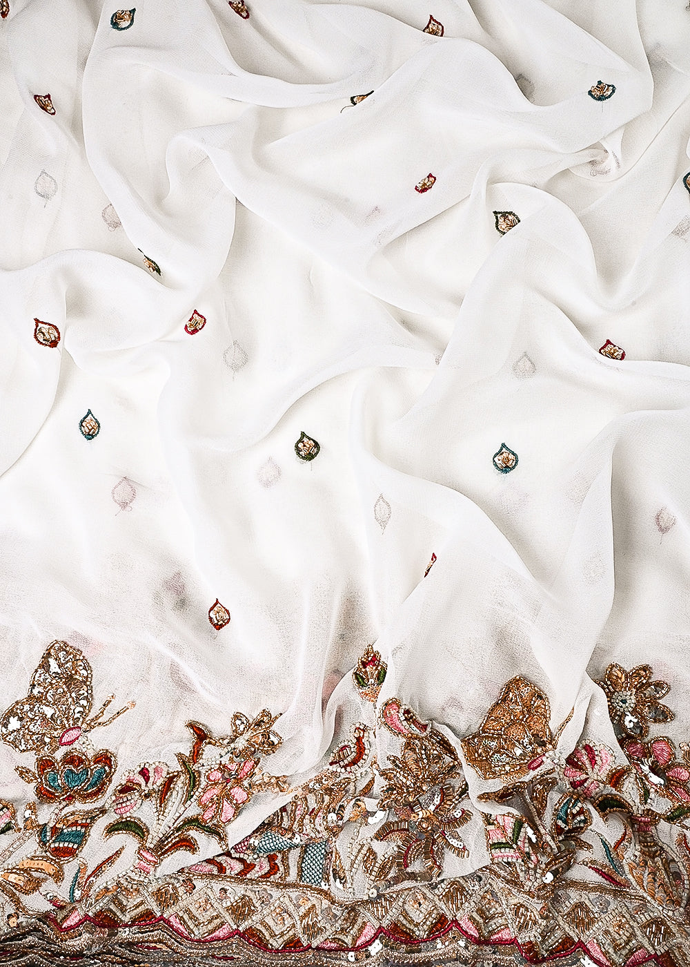 White Dyeable Georgette Fabric With All Over Zari, Sequins And Katdana Work With One Side Border 24742