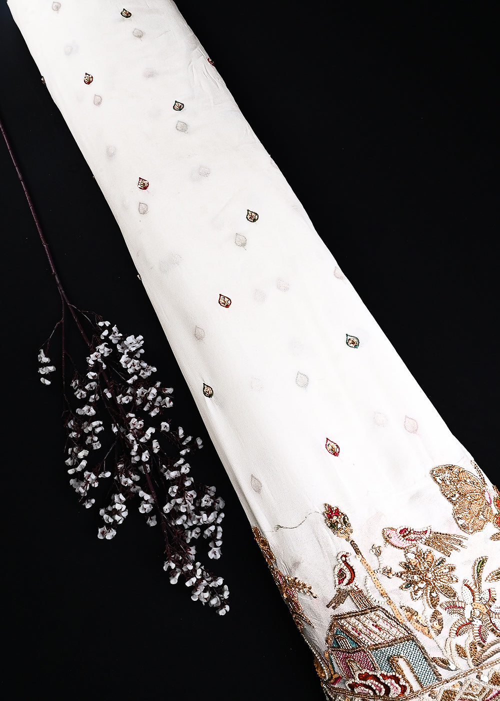White Dyeable Georgette Fabric With All Over Zari, Sequins And Katdana Work With One Side Border 24742