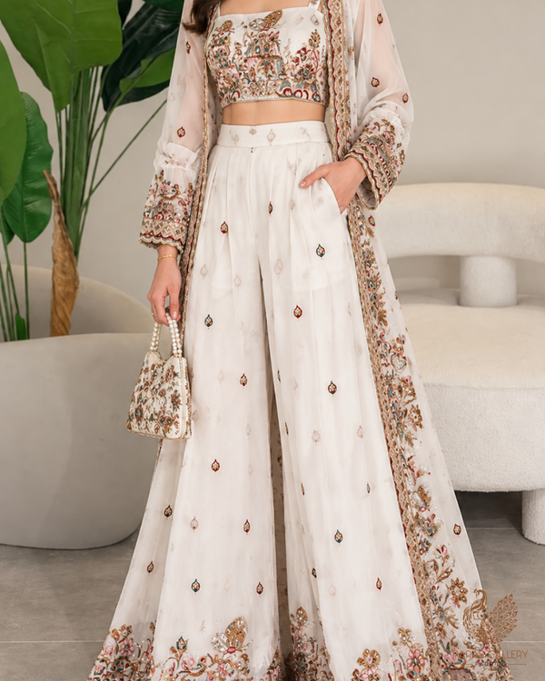 White Dyeable Georgette Fabric With All Over Zari, Sequins And Katdana Work With One Side Border 24742