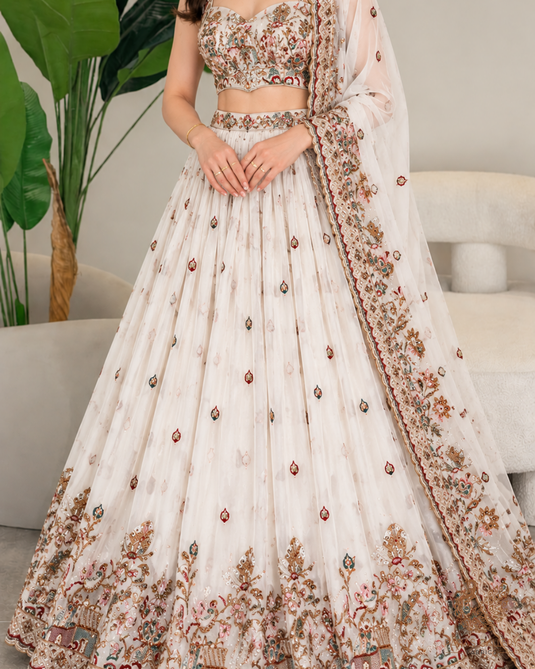 White Dyeable Georgette Fabric With All Over Zari, Sequins And Katdana Work With One Side Border 24742