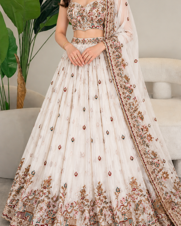White Dyeable Georgette Fabric With All Over Zari, Sequins And Katdana Work With One Side Border 24742