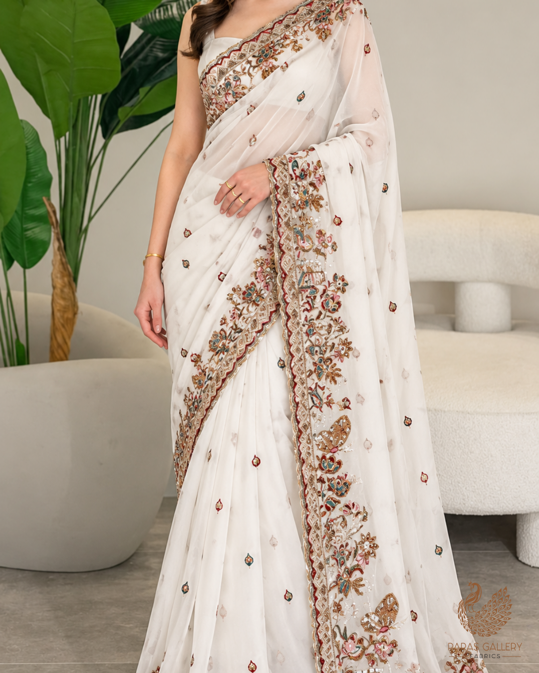 White Dyeable Georgette Fabric With All Over Zari, Sequins And Katdana Work With One Side Border 24742