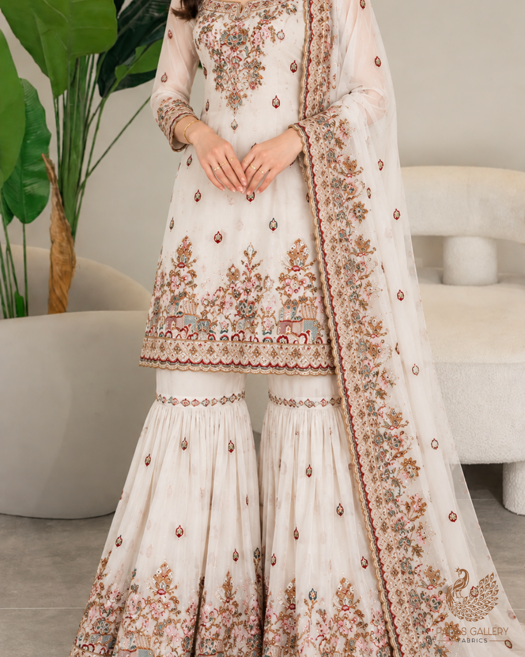 White Dyeable Georgette Fabric With All Over Zari, Sequins And Katdana Work With One Side Border 24742