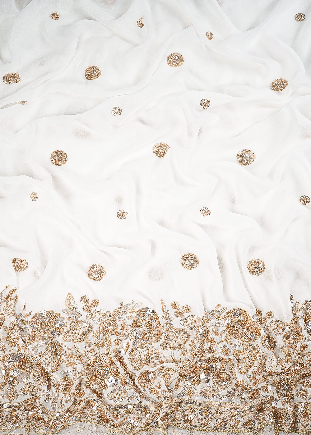White Dyeable Georgette Fabric With All Over Zari, Sequins And Katdana Work With One Side Border 24744