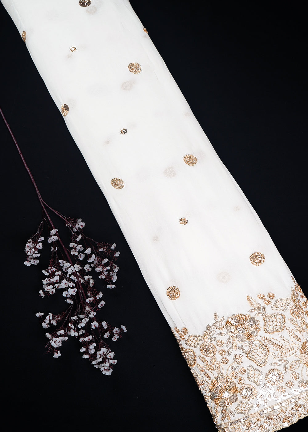 White Dyeable Georgette Fabric With All Over Zari, Sequins And Katdana Work With One Side Border 24744